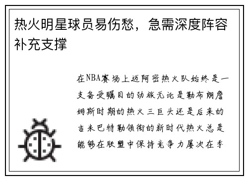 热火明星球员易伤愁，急需深度阵容补充支撑