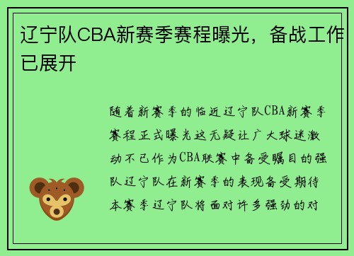 辽宁队CBA新赛季赛程曝光，备战工作已展开